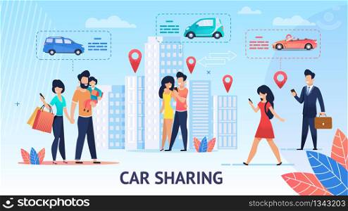 Car Sharing. Short Trips for Family Inside City. Vector Illustration. View around City Comfortable Electric Car. Modern Mobile Application Ordering free Car. Per Minute Rental of Electric Vehicles.