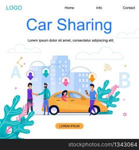 Car Sharing Square Banner. Modern Town Cab Carpool Business. Group of Men near Yellow City Vehicle with Woman Passenger Traveling. Business Building Cityscape Cartoon Illustration.. City Car Sharing Square Banner. Town Cab Business.