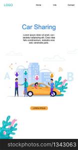 Car Sharing Vertical Banner. Modern Online Carpool Service Layout with Transitional Geo Point Net for Transport Economy. People Character Near Yellow Taxi in Transportation Cooperation.. Car Sharing Vertical Banner. Online Service. Flat.