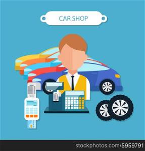 Car shop concept flat design style. Shopping and buying, showroom and dealership, service auto, automobile transport, buy new, sale and purchase, dealer illustration