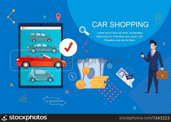 Car Shopping. Payment by Cash or Credit Card. Man Business Suit chooses Car model. Young businessman Buys electric Transport through Mobile Online. Application buying Auto Internet Space.
