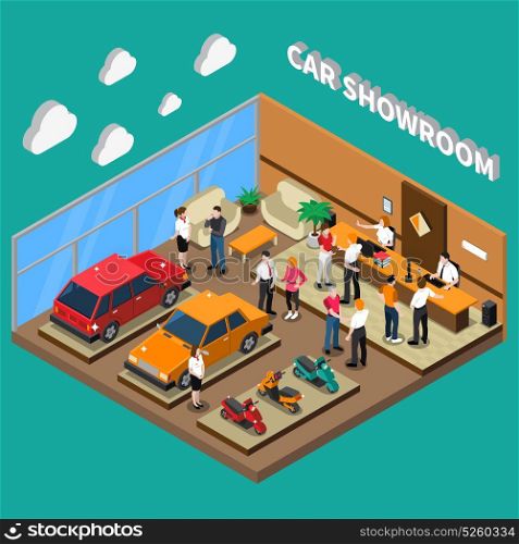 Car Showroom Isometric Illustration. Car showroom with managers and customers computer equipment vehicles interior elements on turquoise background isometric vector illustration