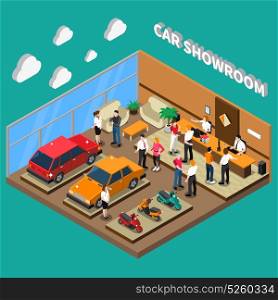Car Showroom Isometric Illustration. Car showroom with managers and customers computer equipment vehicles interior elements on turquoise background isometric vector illustration