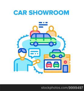 Car Showroom Vector Icon Concept. Car Showroom Dealer Selling And Customer Buying Automobile Production. Vehicle Assortment And Sale Discount, Dealership Contract Color Illustration. Car Showroom Vector Concept Color Illustration