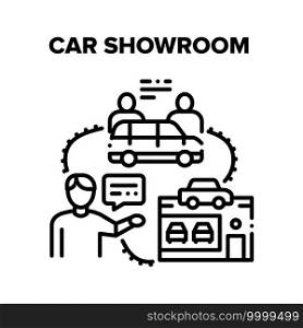 Car Showroom Vector Icon Concept. Car Showroom Dealer Selling And Customer Buying Automobile Production. Vehicle Assortment And Sale Discount, Dealership Contract Black Illustration. Car Showroom Vector Black Illustrations