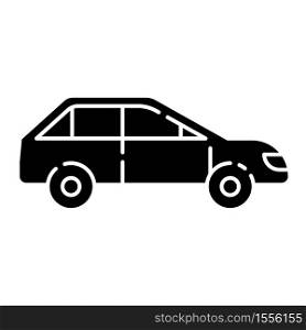 Car side view black glyph icon. Automotive vehicle. Modern transportation. Fast automobile. Drive in sedan. Delivery service. Silhouette symbol on white space. Vector isolated illustration. Car side view black glyph icon
