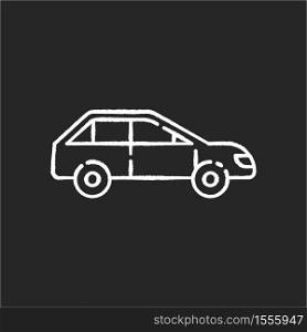 Car side view chalk white icon on black background. Automotive vehicle. Modern transportation. Drive in sedan. Taxi for urban trip. Delivery service. Isolated vector chalkboard illustration. Car side view chalk white icon on black background