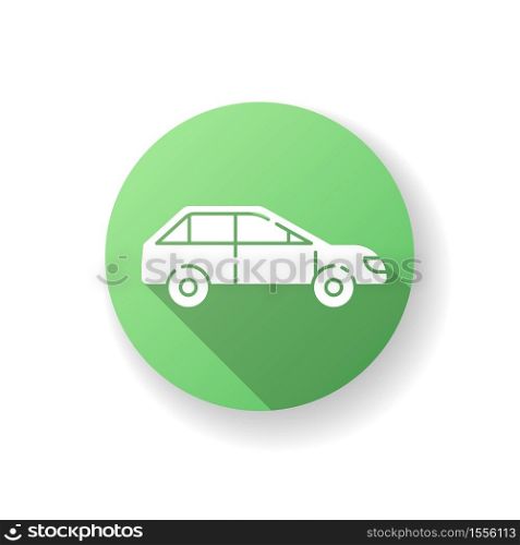 Car side view green flat design long shadow glyph icon. Automotive vehicle. Fast automobile on motor engine. Drive in sedan. Taxi for urban trip. Delivery service. Silhouette RGB color illustration. Car side view green flat design long shadow glyph icon
