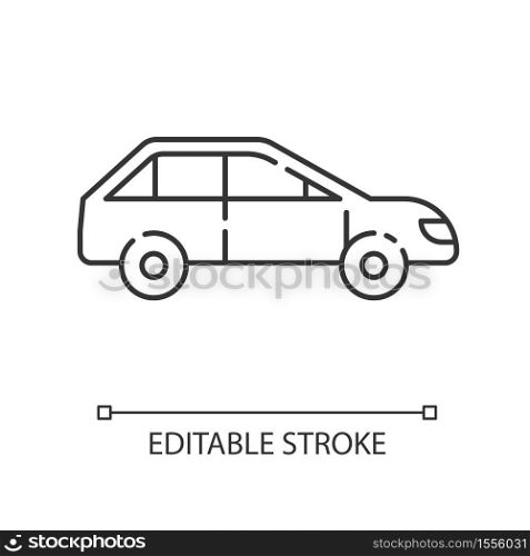 Car side view linear icon. Automotive vehicle. Modern transportation. Fast automobile. Thin line customizable illustration. Contour symbol. Vector isolated outline drawing. Editable stroke. Car side view linear icon