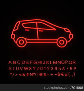 Car side view neon light icon. Automobile. Glowing sign with alphabet, numbers and symbols. Vector isolated illustration. Car side view neon light icon