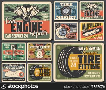 Car spare parts, auto repair service and mechanic garage vector design. Vehicle engine pistons, wheel tires and brake pads, spanner, wrench and mufflers, autoglass and speedometer retro posters. Car tires, auto engine pistons, vehicle brakes
