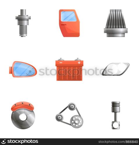 Car spare parts icon set. Cartoon set of 9 car spare parts vector icons for web design isolated on white background. Car spare parts icon set, cartoon style