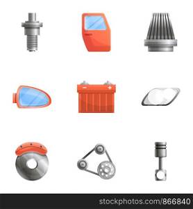 Car spare parts icon set. Cartoon set of 9 car spare parts vector icons for web design isolated on white background. Car spare parts icon set, cartoon style