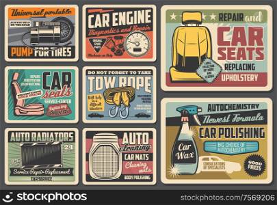 Car spare parts, vehicles diagnostic and repair metal signs. Vector tires pumps, engine and speedometer, car seats upholstery. Tow rope and radiators replacement, mats cleaning and autochemistry. Spare parts vintage retro metal signs