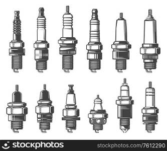 Car spark plugs, isolated vector icons set. Monochrome car ignition system and spark-ignition engine vehicles spare parts. Car service, mechanic garage station and maintenance objects. Car spark plugs types, isolated vector icons