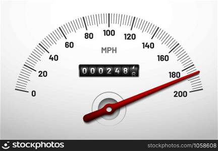 Car speedometer dashboard. Speed metre panel with odometer, miles counter and urgency dial or cars instrument fast dashboard. Mile gauge racing dash isolated vector concept. Car speedometer dashboard. Speed metre panel with odometer, miles counter and urgency dial isolated vector concept