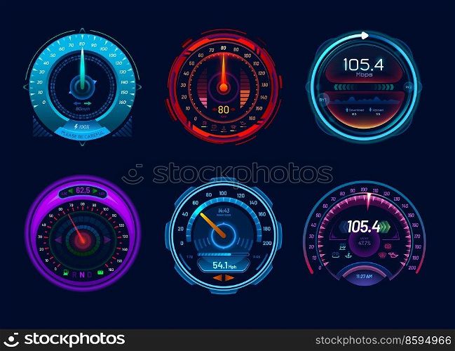 Car speedometer gauges, speed meter neon digital display dials. Isolated vector auto vehicle dashboard indicators, internet download and upload test scale, futuristic speed measurement. Car speedometer gauge, speed meter digital display
