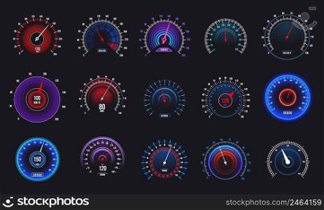 Car speedometer. Odometer and RPM motorbike gauge, automobile speed counter and tachometer. Vector auto display set. Futuristic vehicle dashboard for speed measurement control, auto display. Car speedometer. Odometer and RPM motorbike gauge, automobile speed counter and tachometer. Vector auto display set