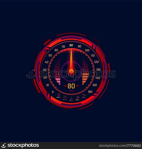 Car speedometer or speed meter futuristic gauge dial in neon LED vector dashboard digital indicator. Car speedometer or rally race speed counter interface with mph gauge in red neon glow. Car speedometer, speed meter futuristic gauge dial