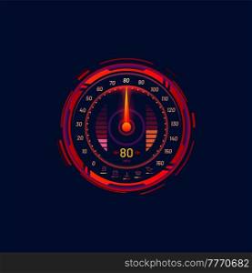 Car speedometer or speed meter futuristic gauge dial in neon LED vector dashboard digital indicator. Car speedometer or rally race speed counter interface with mph gauge in red neon glow. Car speedometer, speed meter futuristic gauge dial