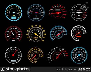 Car speedometer vector icons of dashboard speed meters. Gauges of auto motor vehicle instrument panel with glowing speedo dials, electronic and mechanical odometers, speed measure instruments design. Car speedometer icons of dashboard speed meters