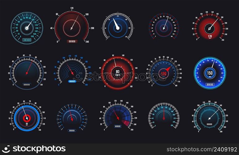 Car speedometers set. Speed measurement automobile indicator, futuristic display with counter and arrow. Vector set. Kilometer performance pointers on dark illuminated dashboard isolated. Car speedometers set. Speed measurement automobile indicator, futuristic display with counter and arrow. Vector set