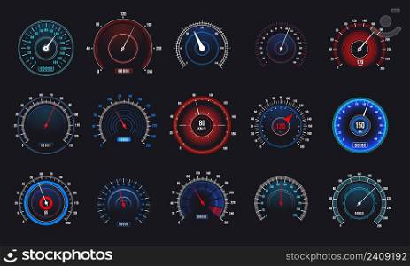 Car speedometers set. Speed measurement automobile indicator, futuristic display with counter and arrow. Vector set. Kilometer performance pointers on dark illuminated dashboard isolated. Car speedometers set. Speed measurement automobile indicator, futuristic display with counter and arrow. Vector set