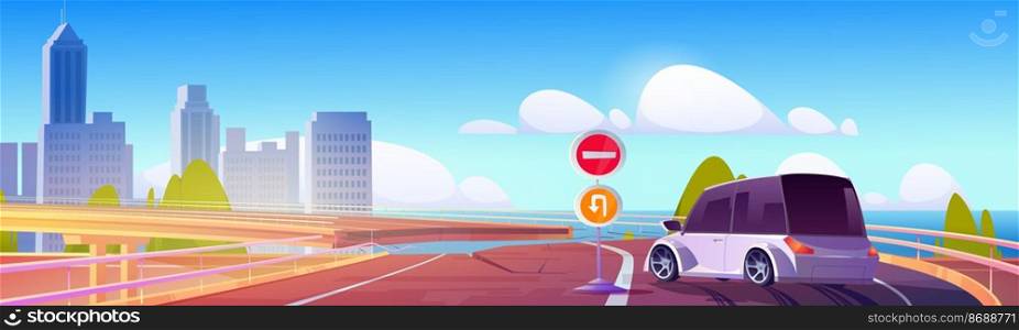 Car stand at broken overpass highway, road pit or hole with warning signs and stuck automobile at city view with skyscraper buildings and modern houses over sea landscape, Cartoon vector illustration. Car stand at broken overpass highway, road pit