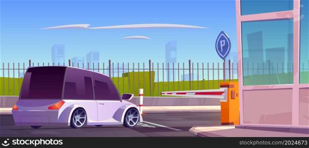 Car stand at parking security entrance with automatic barrier, guardian booth, stop line and road sign. City guard system for automobile park, closed private area access, Cartoon vector illustration. Car at parking security entrance with barrier