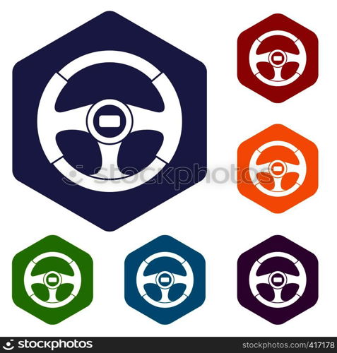 Car steering wheel icons set rhombus in different colors isolated on white background. Car steering wheel icons set