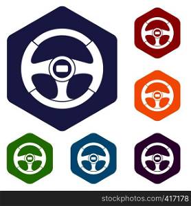 Car steering wheel icons set rhombus in different colors isolated on white background. Car steering wheel icons set