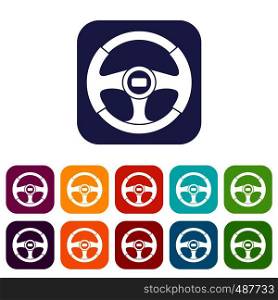 Car steering wheel icons set vector illustration in flat style in colors red, blue, green, and other. Car steering wheel icons set