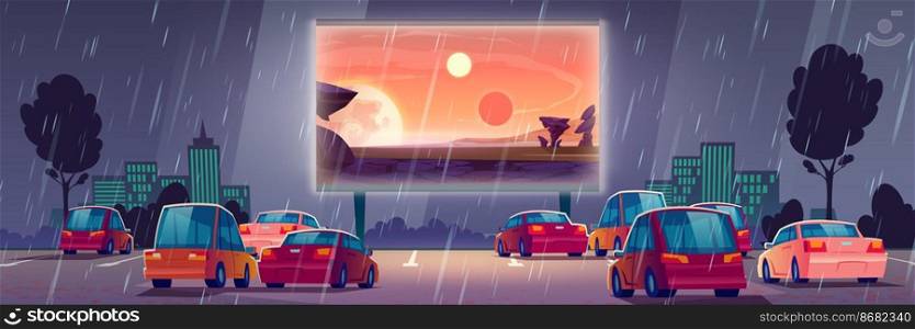 Car street cinema at rainy weather. Drive-in theater with automobiles stand under rain in open air parking at night. Large outdoor screen with movie on cityscape background Cartoon vector illustration. Car street cinema rainy weather. Drive-in theater