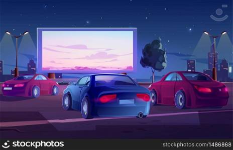 Car street cinema. Drive-in theater with automobiles stand in open air parking at night. Large outdoor screen with nature scene glowing in darkness on starry sky background Cartoon vector illustration. Car street cinema. Drive-in theater with auto