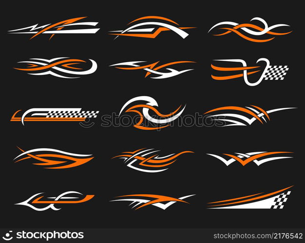 Car stripes. Vinyl stylized graphics templates symbols of flame geometrical shapes racing motorcycle club designs recent vector set. Decal car vinyl, auto stripe speed, artistic pattern. Car stripes. Vinyl stylized graphics templates symbols of flame geometrical shapes racing motorcycle club designs recent vector set