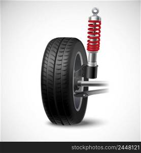 Car suspension realistic icon with wheel tire and shock absorber isolated on white background vector illustration. Car Suspension Illustration
