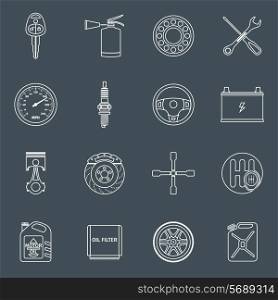 Car system vehicle parts technology auto repair outline icons set isolated vector illustration.
