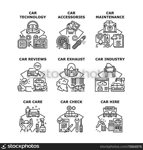 Car Technology Set Icons Vector Illustrations. Car Technology And Accessories, Check And Maintenance, Industry Exhaust And Vehicle Care, Hire And Reviews. Vehicle Repair Service Black Illustration. Car Technology Set Icons Vector Illustrations