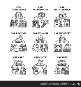 Car Technology Set Icons Vector Illustrations. Car Technology And Accessories, Check And Maintenance, Industry Exhaust And Vehicle Care, Hire And Reviews. Vehicle Repair Service Black Illustration. Car Technology Set Icons Vector Illustrations