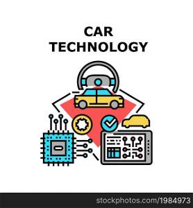 Car Technology Vector Icon Concept. Digital Computer Chip And Audio Music System Car Technology, Modern Automobile Electronic Equipment For Comfortable Journey And Driving Color Illustration. Car Technology Vector Concept Color Illustration