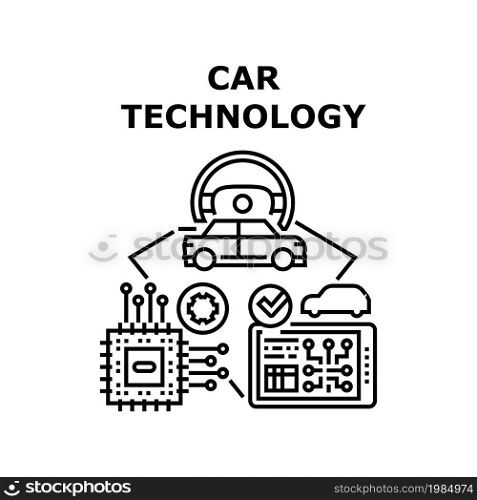 Car Technology Vector Icon Concept. Digital Computer Chip And Audio Music System Car Technology, Modern Automobile Electronic Equipment For Comfortable Journey And Driving Black Illustration. Car Technology Vector Concept Black Illustration