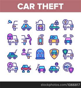 Car Theft Collection Elements Icons Set Vector Thin Line. Man Silhouette In Mask, Car With Broken Glass And Without Wheels, Alarm And Camera Concept Linear Pictograms. Color Contour Illustrations. Car Theft Collection Elements Icons Set Vector