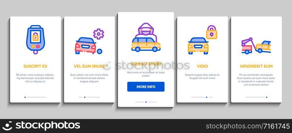 Car Theft Onboarding Mobile App Page Screen. Car Theft On Truck, Thief Silhouette Near Motorcycle And Van, Signaling And Electronic Key Illustrations. Car Theft Onboarding Elements Icons Set Vector