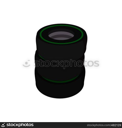 Car tires cartoon icon. Stacked black tires on a white background. Car tires cartoon icon