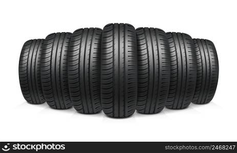 Car tires with similar tread assembled in row realistic design concept vector illustration. Car Tires Realistic Design Concept