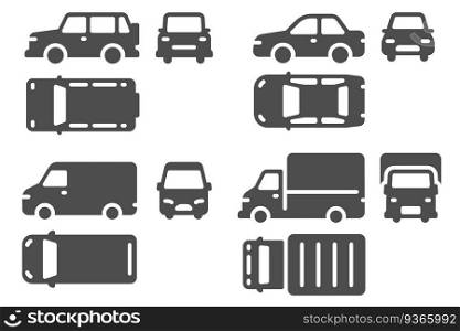 Car top side and front view. Vehicle projection, suv, minibus and truck auto icons for web, ui design outline transportation vector set. Different automobiles signs isolated collection. Car top side and front view. Vehicle projection, suv, minibus and truck auto icons for web, ui design outline transportation vector set