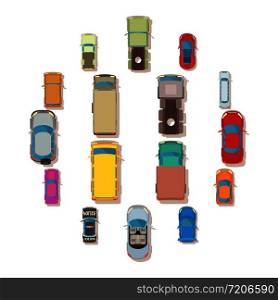 Car top view above over icons set. Flat illustration of 16 car top view above over vector icons for web. Car top view above over icons set, flat style