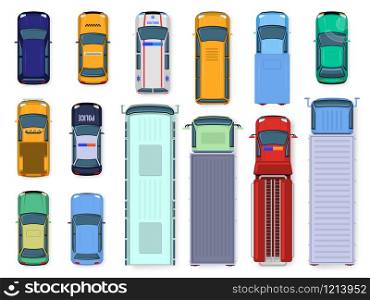 Car top view. Street vehicle engine roof viewing, traffic cars, city bus, ambulance and truck, public and civil transport isolated vector illustration set. flat color different vehicles from above. Car top view. Street vehicle engine roof viewing, traffic cars, city bus, ambulance and truck, public and civil transport isolated vector illustration set