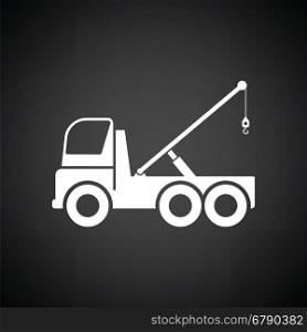 Car towing truck icon. Black background with white. Vector illustration.