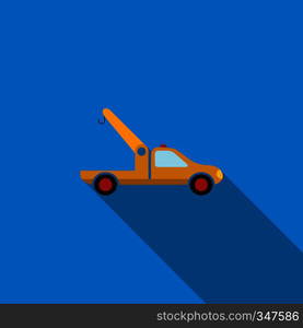 Car towing truck icon in flat style on a blue background. Car towing truck icon, flat style